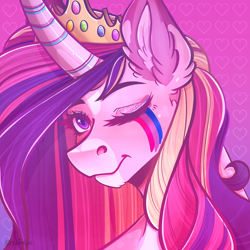 Size: 2480x2480 | Tagged: safe, artist:rubimlp6, derpibooru import, princess cadance, alicorn, pony, bisexual pride flag, coat markings, crown, face paint, female, headcanon, jewelry, lgbt headcanon, mare, one eye closed, pink background, pride, pride flag, redesign, regalia, sexuality headcanon, simple background, solo, wink