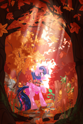 Size: 2560x3840 | Tagged: safe, artist:zvn, derpibooru import, twilight sparkle, twilight sparkle (alicorn), alicorn, pony, autumn, clothes, crepuscular rays, falling leaves, female, fence, forest, leaves, looking at you, looking back, looking back at you, mare, profile, scarf, solo, tree