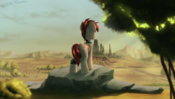 Size: 3000x1688 | Tagged: safe, artist:shido-tara, derpibooru import, oc, oc:6-9, cyborg, detailed background, looking back, ruins, wasteland