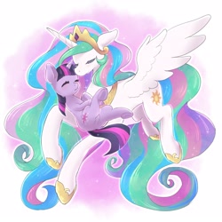 Size: 1600x1600 | Tagged: safe, artist:ayahana, derpibooru import, princess celestia, twilight sparkle, unicorn twilight, alicorn, pony, unicorn, duo, eyes closed, female, mare, momlestia, spread wings, wings