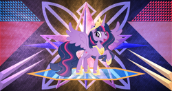 Size: 6144x3240 | Tagged: safe, artist:laszlvfx, artist:pumpkinpieforlife, derpibooru import, edit, twilight sparkle, twilight sparkle (alicorn), alicorn, pony, absurd resolution, ethereal mane, female, mare, older, older twilight, open mouth, raised hoof, solo, wallpaper, wallpaper edit