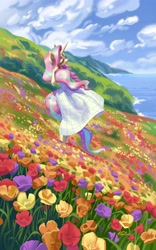 Size: 2560x4096 | Tagged: safe, artist:holivi, derpibooru import, oc, oc only, anthro, unicorn, beautiful, clothes, dress, flower, flower field, flower in tail, scenery, solo, water