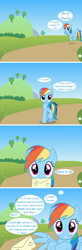 Size: 1600x4860 | Tagged: safe, artist:ursamanner, derpibooru import, rainbow dash, pegasus, pony, blatant lies, blushing, bronybait, comic, cute, dashabetes, flower, grass, hill, letter, looking at you, love letter, mouth hold, offscreen character, road, show accurate, shy, subtle as a train wreck, tree