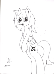 Size: 1722x2372 | Tagged: safe, artist:almaustral, derpibooru import, oc, oc only, pegasus, pony, bipedal, lineart, monochrome, open mouth, pegasus oc, signature, smiling, solo, traditional art, wings