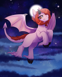 Size: 1043x1300 | Tagged: safe, artist:strawberryneko, derpibooru import, oc, oc only, oc:weathervane, demon, pony, bat wings, cloven hooves, fangs, horns, nightmare night, slit eyes, species swap, unshorn fetlocks, wings