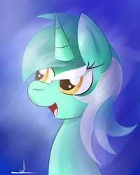 Size: 2000x2502 | Tagged: safe, artist:almaustral, derpibooru import, lyra heartstrings, pony, unicorn, bust, eyelashes, female, mare, open mouth, signature, smiling, solo