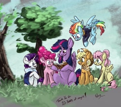 Size: 4653x4107 | Tagged: safe, artist:th3ipodm0n, derpibooru import, applejack, fluttershy, pinkie pie, rainbow dash, rarity, twilight sparkle, twilight sparkle (alicorn), alicorn, earth pony, pegasus, pony, unicorn, absurd resolution, anniversary, book, book of harmony, cape, clothes, female, flying, folded wings, grass, happy birthday mlp:fim, hoof hold, jacket, looking at something, mane six, mare, mlp fim's tenth anniversary, neckerchief, older, older applejack, older fluttershy, older mane six, older pinkie pie, older rainbow dash, older rarity, older twilight, open mouth, outdoors, reading, sitting, smiling, spread wings, tree, wings