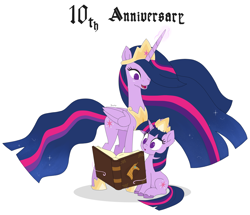 Size: 3250x2800 | Tagged: safe, artist:biocrine, derpibooru import, princess twilight 2.0, twilight sparkle, twilight sparkle (alicorn), alicorn, the last problem, anniversary, book, mlp fim's tenth anniversary, older, older twilight, self ponidox, simple background, white background