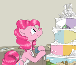 Size: 1380x1200 | Tagged: safe, artist:sinrar, derpibooru import, pinkie pie, pony, apron, baking, cake, clothes, food, mlp fim's tenth anniversary