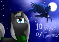 Size: 1280x906 | Tagged: safe, artist:wolfjarl, derpibooru import, princess luna, oc, oc:night quill, alicorn, pony, unicorn, anniversary, mlp fim's tenth anniversary, moon, moonlight, night, night sky, sky, stars