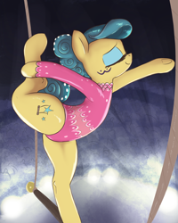 Size: 2000x2500 | Tagged: safe, artist:t72b, derpibooru import, trapeze star, earth pony, pony, acrobatics, clothes, crowd, eyes closed, female, flexible, leotard, mare, solo, standing, standing on one leg, trapeze