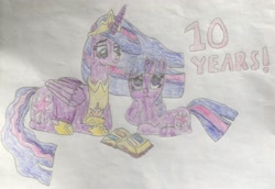 Size: 1526x1051 | Tagged: safe, artist:myoozik, derpibooru exclusive, derpibooru import, princess twilight 2.0, twilight sparkle, twilight sparkle (alicorn), unicorn twilight, alicorn, pony, unicorn, the last problem, anniversary, anniversary art, book, book of harmony, clothes, crossed hooves, crown, cutie mark, ethereal mane, ethereal tail, female, folded wings, hoof on chin, hoof shoes, horn, jewelry, looking up, mare, mlp fim's tenth anniversary, older, older twilight, open book, pages, paper, paradox, photo, purple eyes, regalia, self ponidox, shoes, sitting, smiling, tail, text, thinking, traditional art, wings