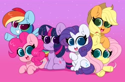 Size: 4096x2703 | Tagged: safe, artist:kittyrosie, derpibooru import, applejack, fluttershy, pinkie pie, rainbow dash, rarity, twilight sparkle, twilight sparkle (alicorn), alicorn, earth pony, pegasus, pony, unicorn, anniversary, applejack's hat, blushing, colored pupils, cowboy hat, gradient background, grin, hat, high res, mane six, mlp fim's tenth anniversary, open mouth, pink background, simple background, smiling, teeth