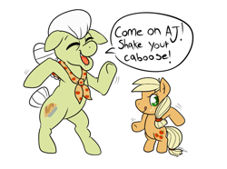 Size: 969x721 | Tagged: safe, derpibooru import, applejack, granny smith, earth pony, pony, /mlp/, bipedal, dancing, drawthread, duo, eyes closed, female, filly, filly applejack, requested art, speech bubble, younger