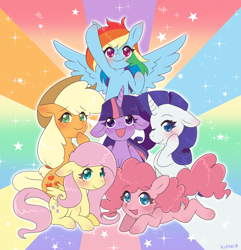 Size: 1156x1200 | Tagged: safe, artist:kipaki, derpibooru import, applejack, fluttershy, pinkie pie, rainbow dash, rarity, twilight sparkle, alicorn, earth pony, pegasus, pony, unicorn, blushing, chest fluff, cute, floppy ears, mane six, mlp fim's tenth anniversary, open mouth, rainbow, rainbow background, simple background