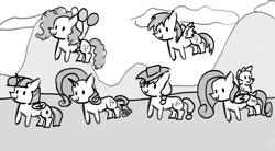 Size: 4488x2480 | Tagged: safe, artist:nire, derpibooru import, applejack, fluttershy, pinkie pie, rainbow dash, rarity, spike, twilight sparkle, twilight sparkle (alicorn), alicorn, dragon, earth pony, pegasus, pony, unicorn, balloon, black and white, floating, grayscale, mane seven, mane six, mlp fim's tenth anniversary, monochrome, sketch, then watch her balloons lift her up to the sky