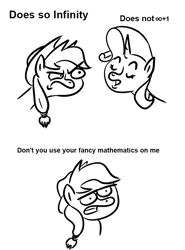 Size: 700x944 | Tagged: safe, artist:velgarn, derpibooru import, applejack, rarity, earth pony, pony, unicorn, look before you sleep, 2 panel comic, comic, cowboy hat, dialogue, fancy mathematics, funny, hat, math, simple background, white background