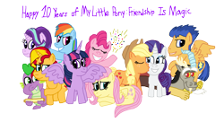 Size: 2818x1536 | Tagged: safe, artist:seanhorace, derpibooru import, applejack, discord, flash sentry, fluttershy, pinkie pie, rainbow dash, rarity, spike, starlight glimmer, sunset shimmer, twilight sparkle, twilight sparkle (alicorn), alicorn, dragon, earth pony, pegasus, pony, unicorn, anniversary, confetti, implied lesbian, implied rarijack, implied shipping, kiss on the cheek, kissing, mlp fim's tenth anniversary, simple background, white background