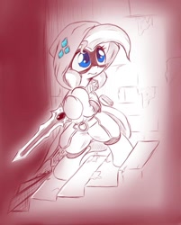 Size: 825x1024 | Tagged: safe, artist:alazak, derpibooru import, oc, oc only, oc:pearl, earth pony, pony, adventurer, cloak, clothes, solo, stairs, sword, weapon