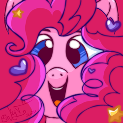 Size: 1000x1000 | Tagged: safe, artist:binkyt11, derpibooru exclusive, derpibooru import, pinkie pie, earth pony, pony, bust, female, fluffy mane, looking at you, mare, solo