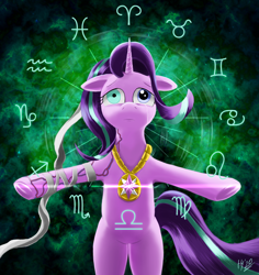 Size: 1748x1851 | Tagged: safe, artist:jphyperx, derpibooru import, starlight glimmer, unicorn, fanfic:starlight glimmer and the runekeepers, bandage, curse, injured, jewelry, magic, necklace, sad, simple background, solo, stars, zodiac, zodiac sign