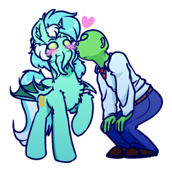 Size: 4000x4000 | Tagged: safe, artist:witchtaunter, derpibooru import, lyra heartstrings, oc, oc:anon, pony, unicorn, bat wings, blushing, body horror, chest fluff, cthulhu, cthulhu mythos, eldritch abomination, kiss on the cheek, kissing, lovecraft, simple background, tentacles, white background, wings