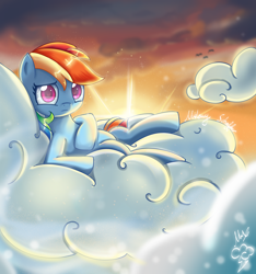 Size: 1920x2050 | Tagged: safe, artist:melanyschaffer, derpibooru import, rainbow dash, pegasus, pony, cloud, female, mare, on a cloud, sad, scenery, sky, solo, sunset