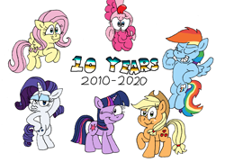 Size: 3099x2234 | Tagged: safe, artist:dragonboi471, derpibooru import, applejack, fluttershy, pinkie pie, rainbow dash, rarity, twilight sparkle, earth pony, pegasus, pony, unicorn, happy birthday mlp:fim, mane six, mlp fim's tenth anniversary, simple background, white background