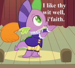 Size: 792x720 | Tagged: safe, derpibooru import, edit, edited screencap, screencap, spike, dragon, hearth's warming eve (episode), clothes, costume, cropped, hamlet, hat, reaction image, ruff (clothing), shakespeare, speech, talking