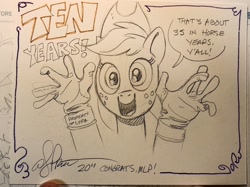 Size: 2048x1530 | Tagged: safe, artist:andypriceart, derpibooru import, applejack, earth pony, pony, andy you magnificent bastard, anniversary, clothes, dialogue, edi, female, gloves, hat, implied lyra, mare, mlp fim's tenth anniversary, pencil drawing, solo, speech bubble, traditional art