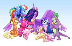 Size: 3776x2395 | Tagged: safe, artist:scarlet-spectrum, derpibooru import, applejack, fluttershy, pinkie pie, princess twilight 2.0, rainbow dash, rarity, spike, twilight sparkle, twilight sparkle (alicorn), alicorn, dragon, earth pony, pegasus, pony, unicorn, the last problem, colored pupils, crown, female, high res, jewelry, male, mane seven, mane six, mare, mlp fim's tenth anniversary, older, older applejack, older fluttershy, older mane seven, older mane six, older pinkie pie, older rainbow dash, older rarity, older spike, older twilight, regalia, sitting, smiling, speedpaint available, spread wings, winged spike, wings