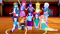 Size: 1280x720 | Tagged: safe, artist:csxz, derpibooru import, applejack, fluttershy, pinkie pie, rainbow dash, rarity, sci-twi, starlight glimmer, sunset shimmer, trixie, twilight sparkle, twilight sparkle (alicorn), alicorn, equestria girls, boots, clothes, eyes closed, eyeshadow, humane five, humane seven, humane six, koikatsu, makeup, mlp fim's tenth anniversary, one eye closed, pose, sandals, shoes, twolight