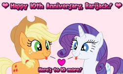 Size: 1146x693 | Tagged: safe, artist:raritybro, derpibooru exclusive, derpibooru import, applejack, rarity, earth pony, pony, unicorn, female, lesbian, mlp fim's tenth anniversary, ms paint, rarijack, shipping, smiling, text, tongue out