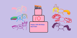 Size: 1360x674 | Tagged: safe, artist:twilyisbestpone, derpibooru import, applejack, fluttershy, pinkie pie, rainbow dash, rarity, twilight sparkle, twilight sparkle (alicorn), alicorn, earth pony, pegasus, pony, unicorn, :3, applejack's hat, birthday cake, cake, cowboy hat, female, food, happy birthday mlp:fim, hat, horrible, mare, mlp fim's tenth anniversary, purple background, simple background, smiling, stick pony, stylistic suck, wings