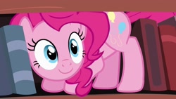 Size: 1920x1080 | Tagged: safe, derpibooru import, screencap, pinkie pie, earth pony, pony, pinkie apple pie, book, bookcase, bookshelf, cute, diapinkes, female, golden oaks library, mare, pinkie being pinkie, smiling, smiling at you, solo