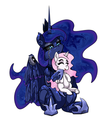 Size: 1920x2147 | Tagged: safe, artist:ghouleh, derpibooru import, princess celestia, princess luna, alicorn, pony, robot, alternate design, alternate timeline, alternate universe, cewestia, crown, ethereal mane, female, filly, jewelry, luxuriant, mare, mechanical, princess, regalia, simple background, sitting on lap, starry mane, transparent background, younger