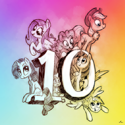 Size: 2100x2100 | Tagged: safe, artist:docwario, derpibooru import, applejack, fluttershy, pinkie pie, rainbow dash, rarity, spike, twilight sparkle, twilight sparkle (alicorn), alicorn, dragon, earth pony, pegasus, pony, unicorn, female, happy birthday mlp:fim, high res, jacktober, male, mane seven, mane six, mare, mlp fim's tenth anniversary, sitting