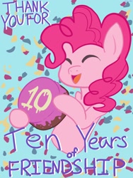 Size: 1536x2048 | Tagged: safe, artist:shiiiny, derpibooru import, pinkie pie, earth pony, pony, cake, confetti, eyes closed, female, food, happy birthday mlp:fim, mare, mlp fim's tenth anniversary, open mouth, solo