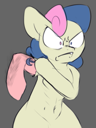 Size: 567x756 | Tagged: safe, artist:lockheart, derpibooru import, bon bon, sweetie drops, earth pony, pony, angry, belly button, bipedal, female, floppy ears, gray background, hairy arms, heterochromia, imminent beatdown, mare, muscles, muscular female, popeye, rolling up sleeves, scrunchy face, simple background, skin, solo, tattoo