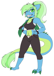 Size: 2428x3412 | Tagged: safe, artist:lockheart, derpibooru import, oc, oc only, oc:campfire, anthro, dracony, dragon, hybrid, pony, belly button, clothes, female, fingerless gloves, gloves, grin, horns, lidded eyes, midriff, sharp teeth, simple background, smiling, solo, sports bra, tail, teeth, towel, white background