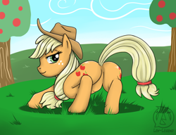 Size: 920x706 | Tagged: safe, alternate version, artist:lewlegend, derpibooru import, applejack, earth pony, pony, apple, apple tree, applebutt, ass up, bedroom eyes, both cutie marks, butt, cowboy hat, crouching, cutie mark, digital art, female, hat, looking at you, looking back, looking back at you, mare, plot, solo, tail, tree