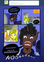 Size: 796x1106 | Tagged: safe, artist:lewlegend, derpibooru import, oc, oc only, pony, unicorn, ass up, butt, caught, clothes, comic, cutie mark, digital art, eating, food, glowing horn, horn, magic, open mouth, plot, refrigerator, sandwich, shocked, speech bubble, tail, text