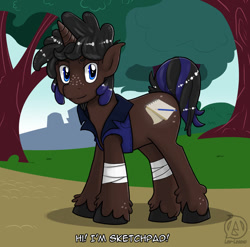 Size: 900x889 | Tagged: safe, artist:lewlegend, derpibooru import, oc, oc only, pony, unicorn, clothes, cutie mark, digital art, forest, horn, looking at you, male, solo, stallion, tail, tree