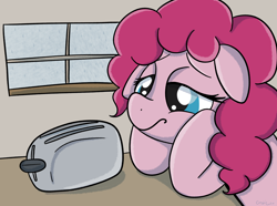 Size: 1972x1471 | Tagged: safe, anonymous artist, artist:therainbowtroll, derpibooru import, pinkie pie, earth pony, pony, /mlp/, bored, drawthread, ears, female, floppy ears, rain, requested art, sad, solo, toaster, waiting, window