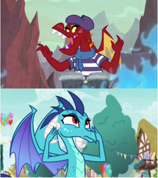 Size: 1160x1301 | Tagged: safe, derpibooru import, edit, edited screencap, screencap, garble, princess ember, dragon, sweet and smoky, triple threat, beret, bongos, clothes, dragoness, emble, fanning, female, fire, hat, male, scarf, shipping, shipping domino, shirt, straight, striped shirt, sweat