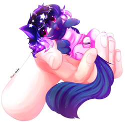 Size: 2282x2215 | Tagged: safe, artist:1fresita, derpibooru import, oc, oc:berry, pony, chibi, clothes, disembodied hand, female, hand, high res, in goliath's palm, mare, micro, simple background, solo focus, tiny, tiny ponies, white background
