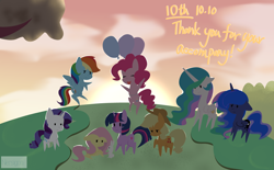 Size: 3996x2480 | Tagged: safe, artist:nersigon, derpibooru import, angel bunny, applejack, fluttershy, pinkie pie, princess celestia, princess luna, rainbow dash, rarity, twilight sparkle, alicorn, earth pony, pegasus, pony, unicorn, mane six, mlp fim's tenth anniversary, pointy ponies, sunset