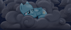 Size: 3779x1602 | Tagged: safe, artist:elementbases, artist:thebenalpha, derpibooru import, oc, oc:thunder burst, pegasus, alone, bald, base used, cloud, crying, dark clouds, depressed, depression, female, mare, pegasus oc, rain, sad, wings