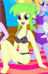 Size: 2292x3539 | Tagged: safe, artist:cyber-murph, derpibooru import, cherry crash, cloudy kicks, velvet sky, equestria girls, ass, background human, beach, belly button, bellyring, bikini, breasts, busty cherry crash, butt, cleavage, clothes, cropped, ear piercing, earring, female, hand on hip, jewelry, looking back, midriff, piercing, rear view, shorts, solo focus, sports, sports bra, sports shorts, swimsuit, towel, volleyball