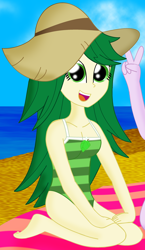 Size: 1982x3407 | Tagged: safe, artist:cyber-murph, derpibooru import, sweet leaf, equestria girls, background human, beach, breasts, busty sweet leaf, cleavage, clothes, cropped, female, hat, jewelry, leaf, looking back, midriff, solo, solo female, swimsuit, towel